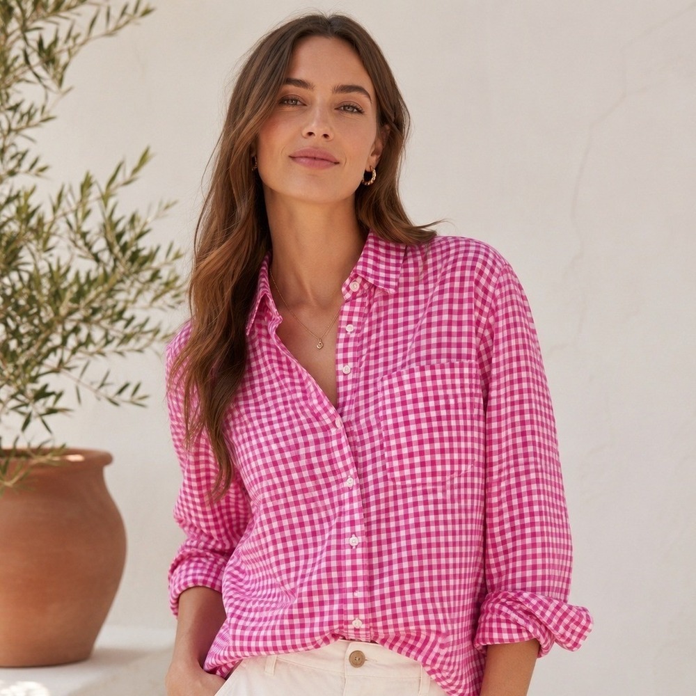 Birds of Paradis Trovata Gingham Button Down Shirt Pink Large Cotton Pocket